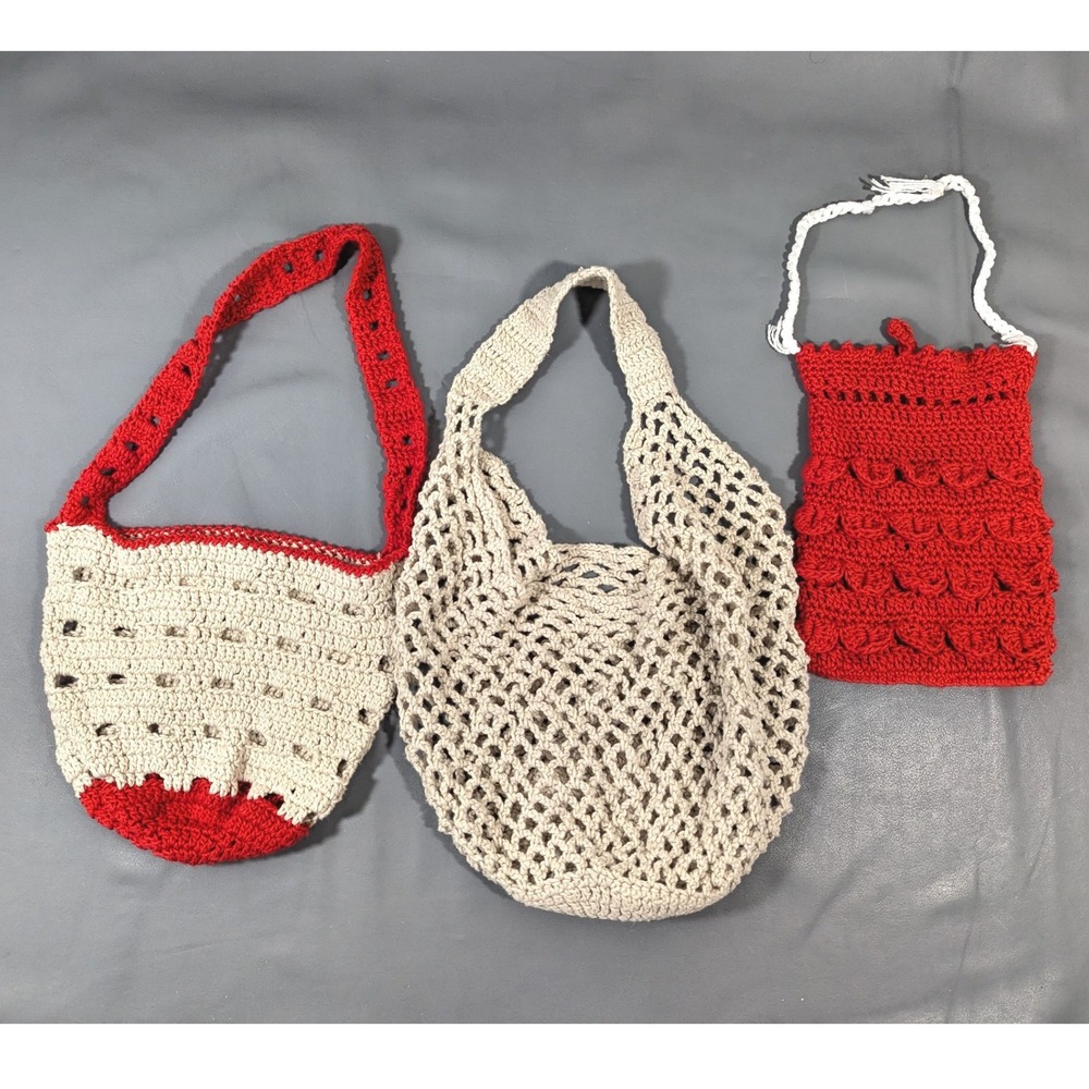 3 Handmade Crochet Bags Red Tan Market Tote Pouch Shoulder Bag Vintage Style